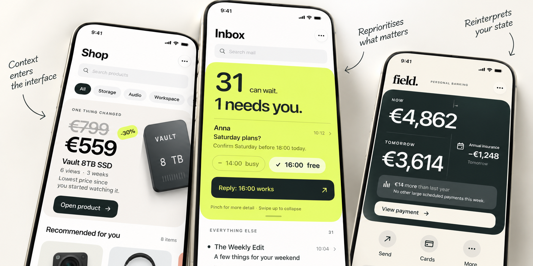 Shopping, inbox and banking interfaces showing a price drop, a priority email and the balance after a scheduled payment